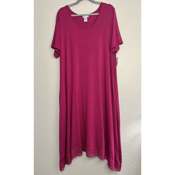 Catherines NWT Magenta Eyelet Trim Short Sleeve Dress Womens Plus Size 1X - Picture 2 of 12